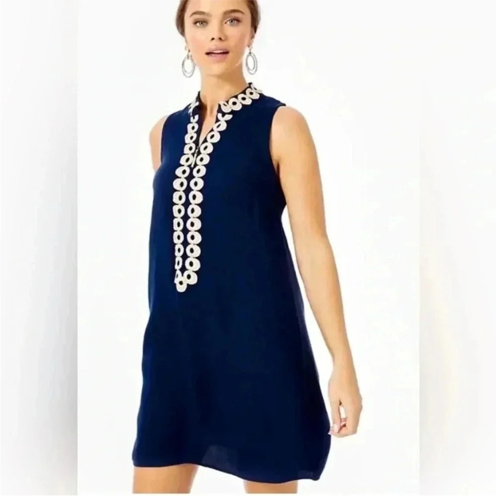 Lilly Pulitzer Jane Shift Dress Sleeveless Gold Navy Blue 0 - Picture 2 of 9